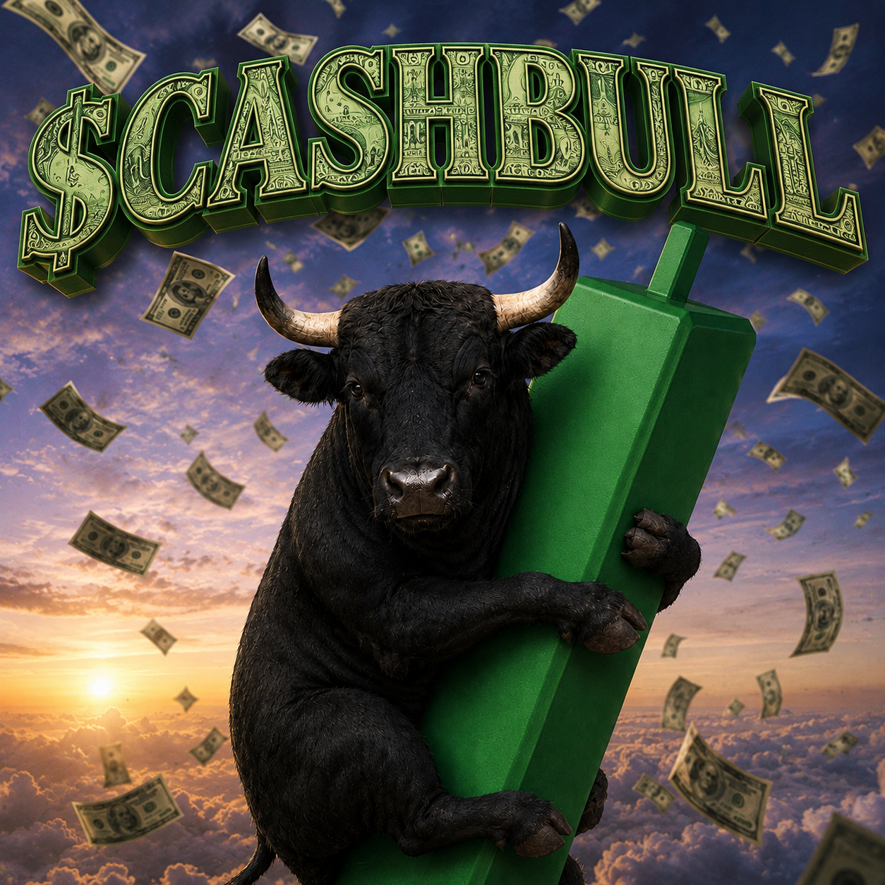$CASHBULL — a bull hugging a giant green candlestick as dollars rain down