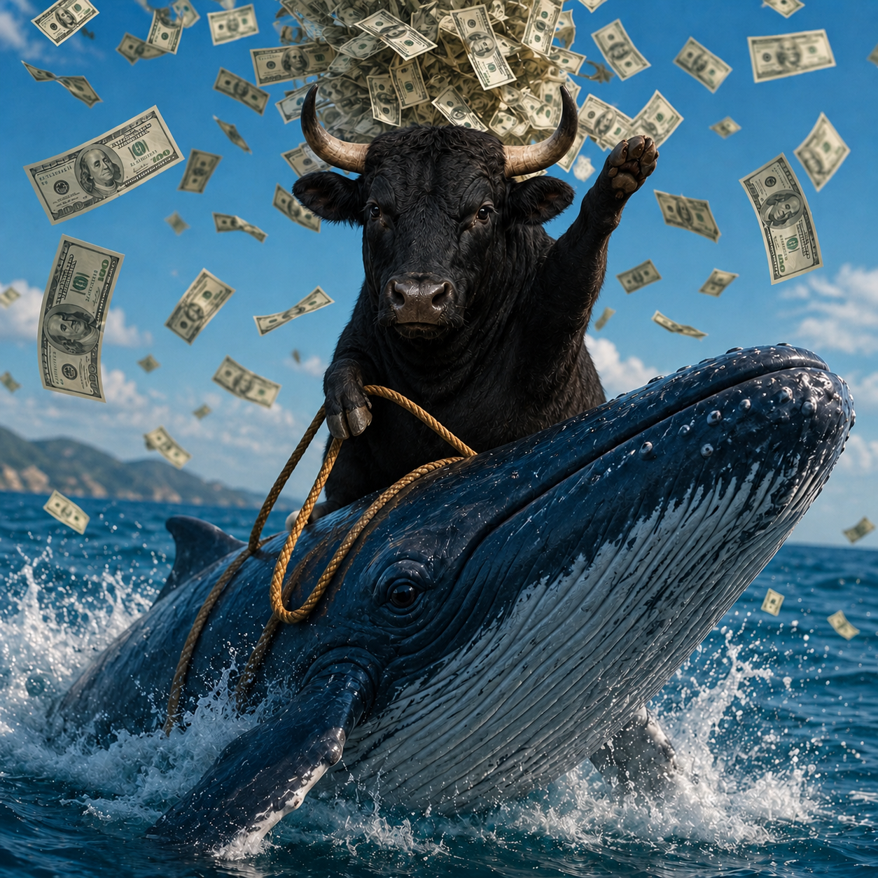 The $CASHBULL bull riding a whale through a sea of money